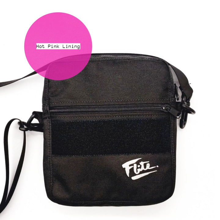 Cross body bag EDC loop field for patches in black with hot pink inside lining