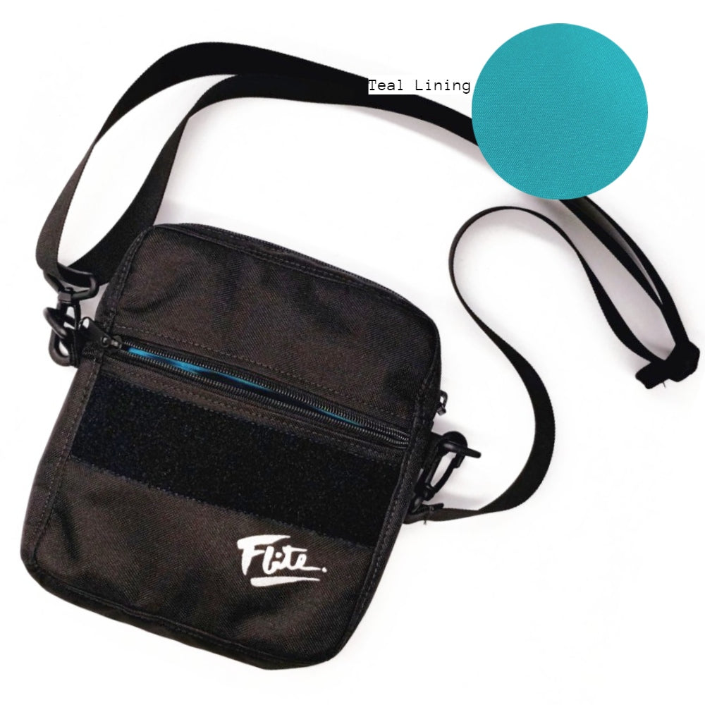 Black cross body bag for men with teal inside lining zip pocket loop field hook patches velcro patches