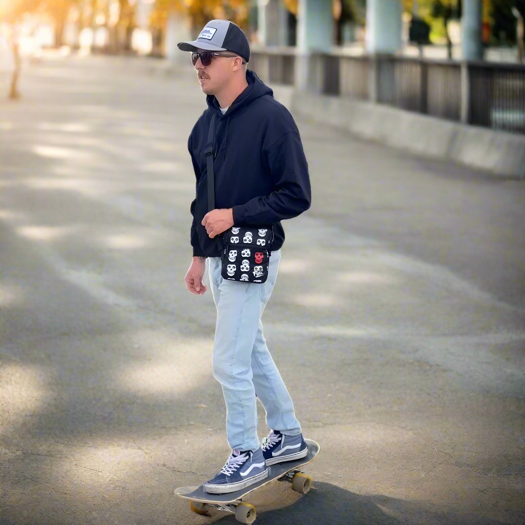 skateboarder with skull crossbody bag